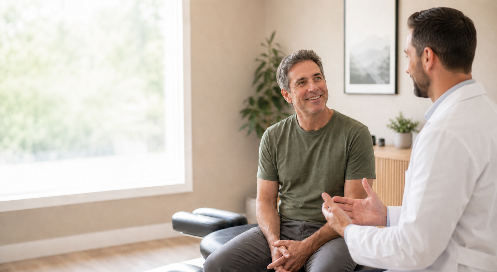 A patient consulting with a male doctor in a bright clinic